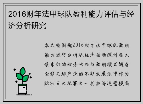 2016财年法甲球队盈利能力评估与经济分析研究