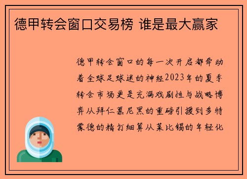 德甲转会窗口交易榜 谁是最大赢家