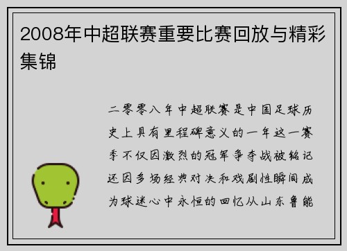 2008年中超联赛重要比赛回放与精彩集锦