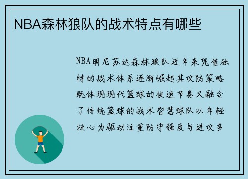 NBA森林狼队的战术特点有哪些